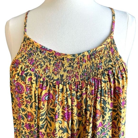 NWT Cynthia Rowley Smocked Pleated Floral Halter Keyhole Blouse Mustard Pink - Picture 2 of 5